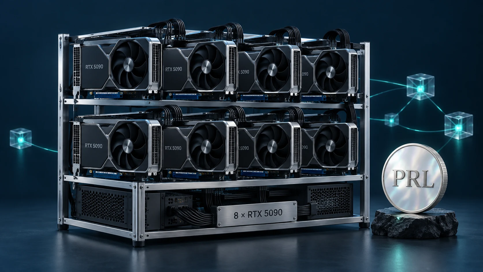 An open-frame rig with eight RTX 5090 GPUs, a PRL Pearl coin emblem and pool-connection elements; concept illustration, not a hardware test