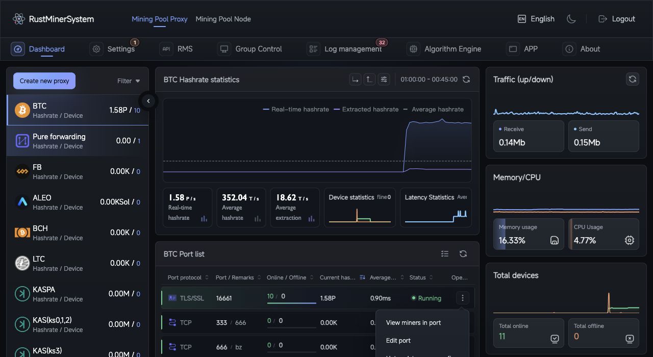 TCMinerProxy port list action menu