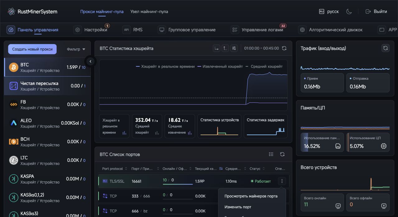 Список портов TCMinerProxy
