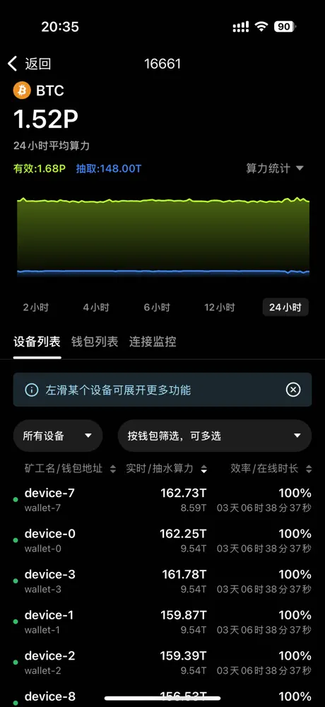 TCMinerProxy App 端口 24 小时算力曲线和设备列表截图
